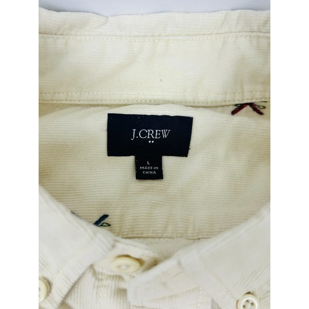 J. Crew Corduroy Shirt Mens Large Ivory Embroidered Ski Print Long Sleeve